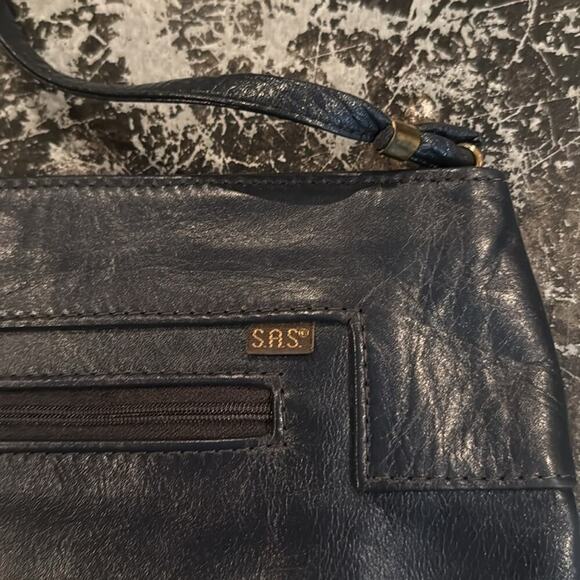 SAS Navy Blue Leather Vintage Shoulder Bag 12x9x2" - Picture 2 of 4